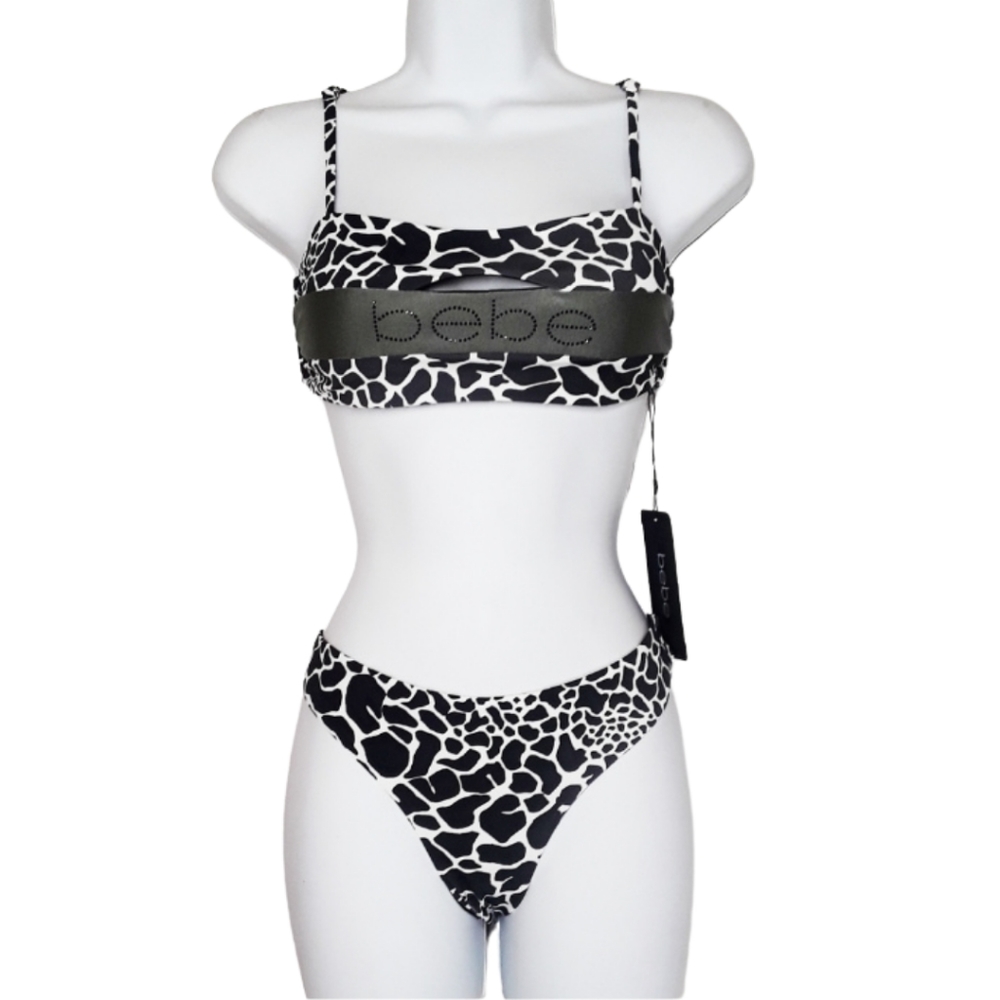 BEBE Leopard Silver Lurex Rhinestone Bikini Large NWT